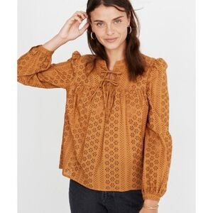 Orange Madewell Eyelet Tie-String Long Sleeve Blouse Top (NWT)